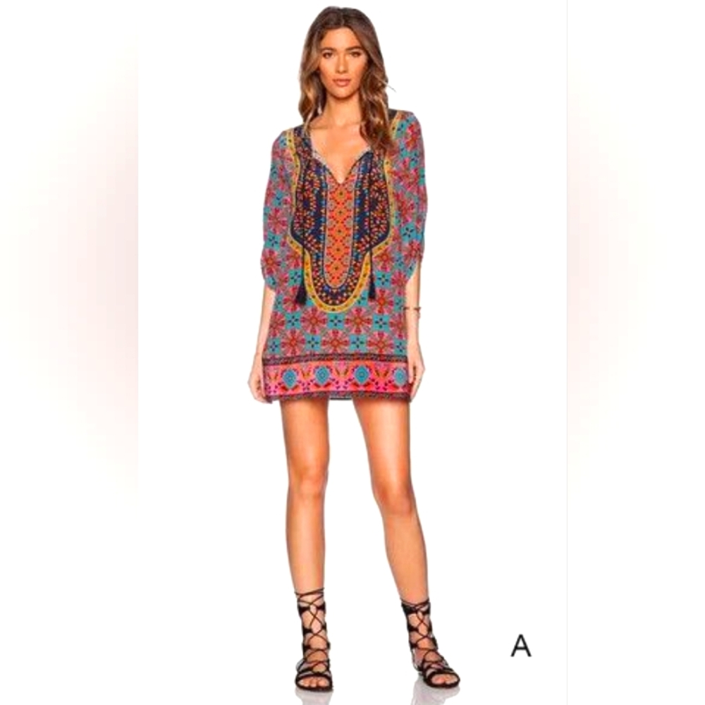 EUC Bohemian Neck Tie Vintage Printed Ethnic Style Summer Kaftan Shift Dress